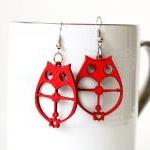 Cool Red Owl Cut Natural Wood Earring