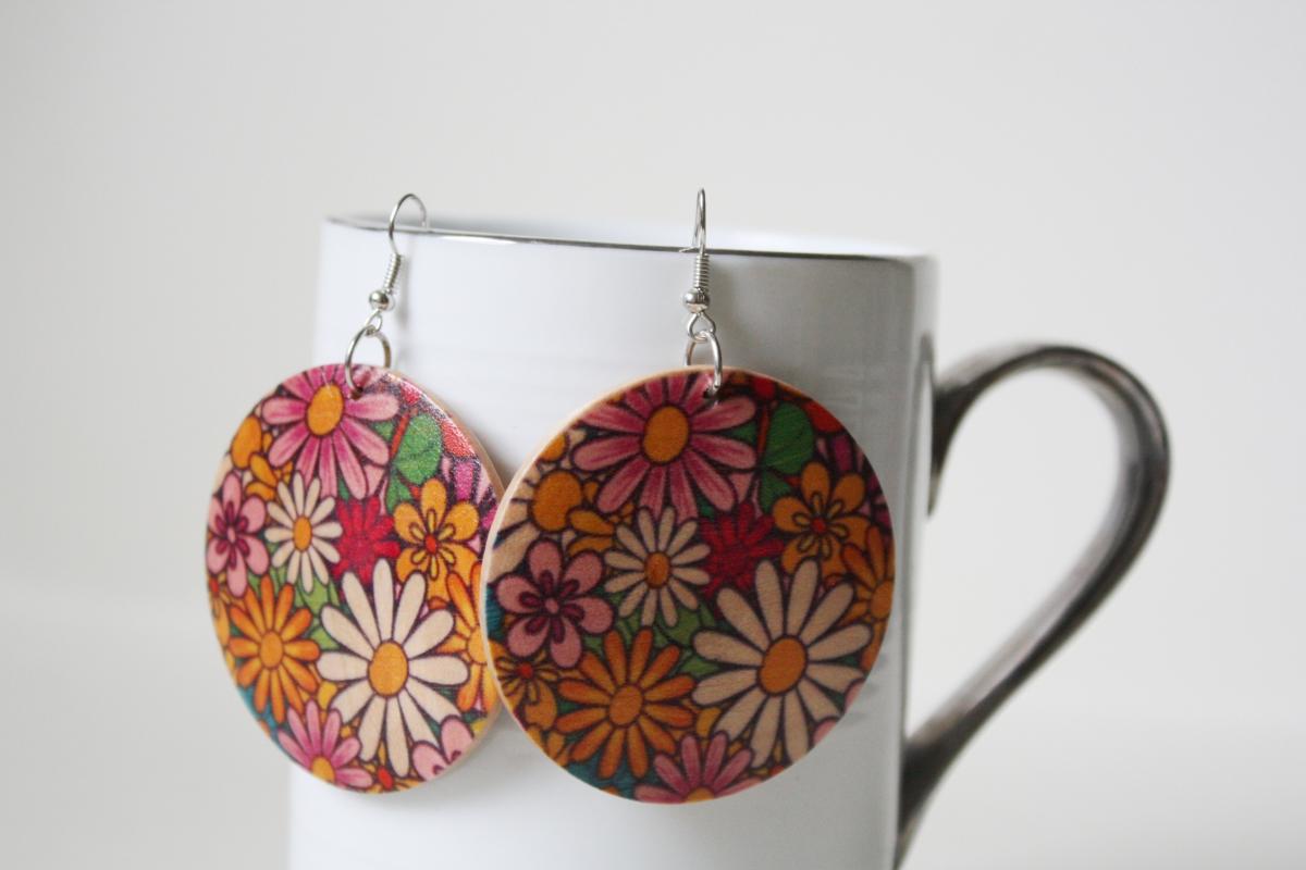 Violet Garden Printed Wood Earring ,naturally Beauty From Wood.