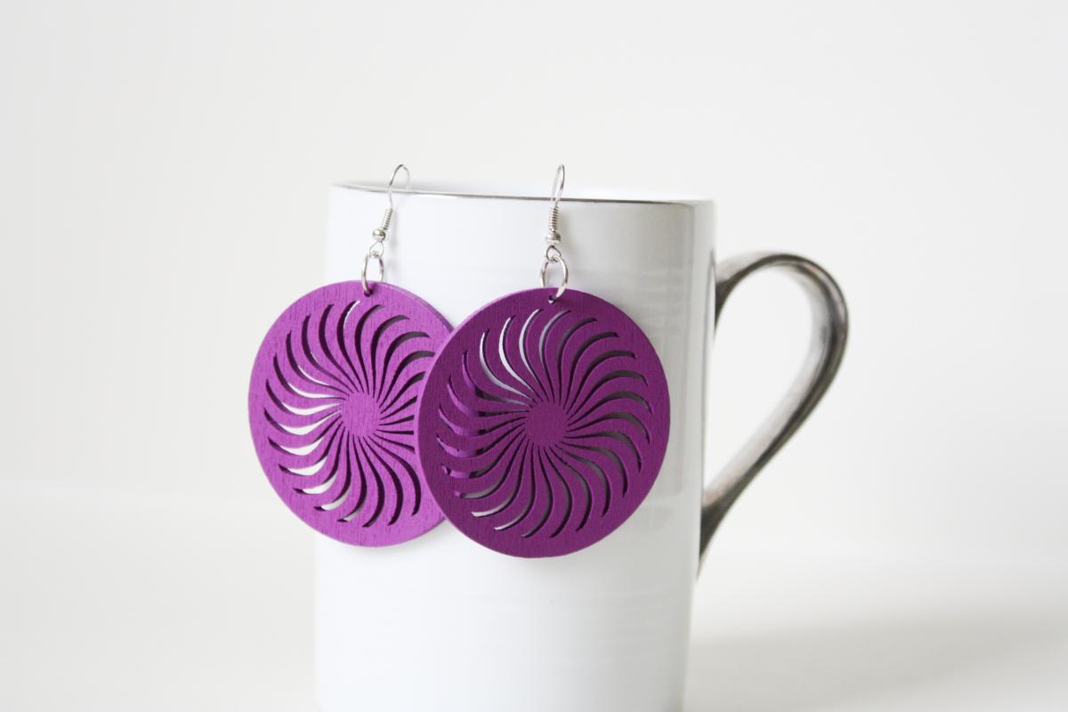 Classic Violet Wind Turbine Cut Earring ,naturally Beauty From Wood