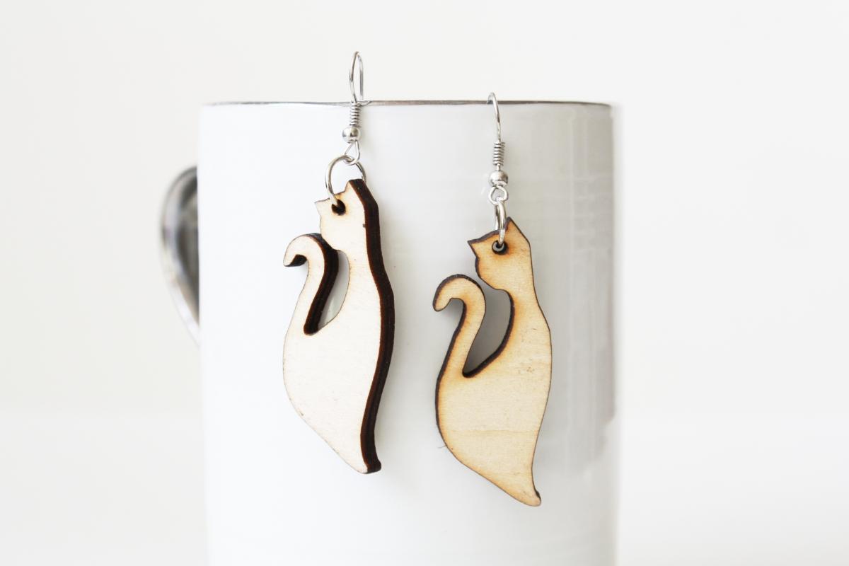 Natural Kitty Laser Cut Wood Earring